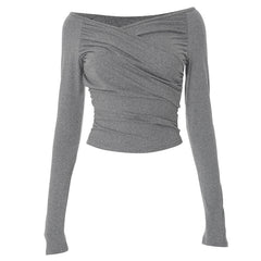 Pleated Solid Color Slim Fit Long Sleeves Top