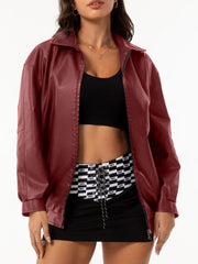 Women Long Sleeve Collared Loose Leather Jacket