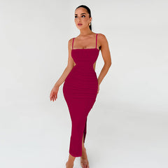 Women Sexy Backless Ruffle Side Slit Party Dress