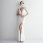 REVCHIC LUXE Elegant V-Neck Beaded Satin Maxi Gown