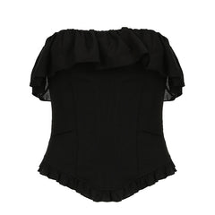 Black Ruffled Stitching Off Neck Tube Top