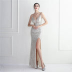REVCHIC LUXE Elegant V-Neck Sequin Split Maxi Gown