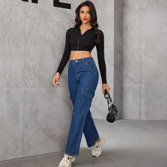 Women Washed High Waist Straight Multi Bag Jeans