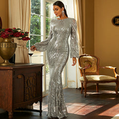 Elegant Long Sleeve Sequined Evening Dress