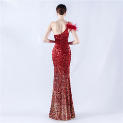 One Shoulder Gradient Velvet Bottom Sequin Feather Evening Dress