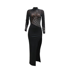 High Collar Long Sleeve Rhinestone High Slit Party Dress