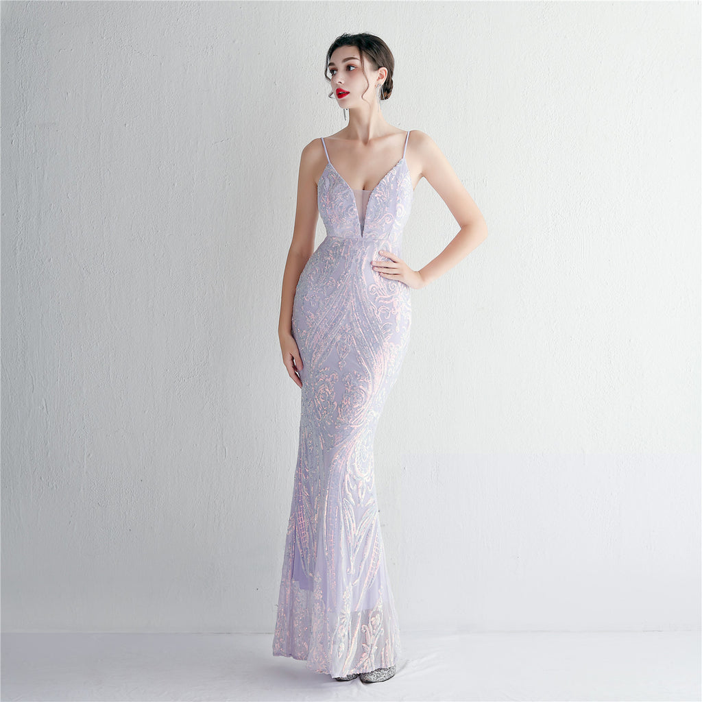 REVCHIC LUXE Elegant V-Neck 3D Floral Sequin Maxi Gown