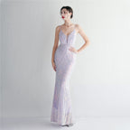 REVCHIC LUXE Elegant V-Neck 3D Floral Sequin Maxi Gown