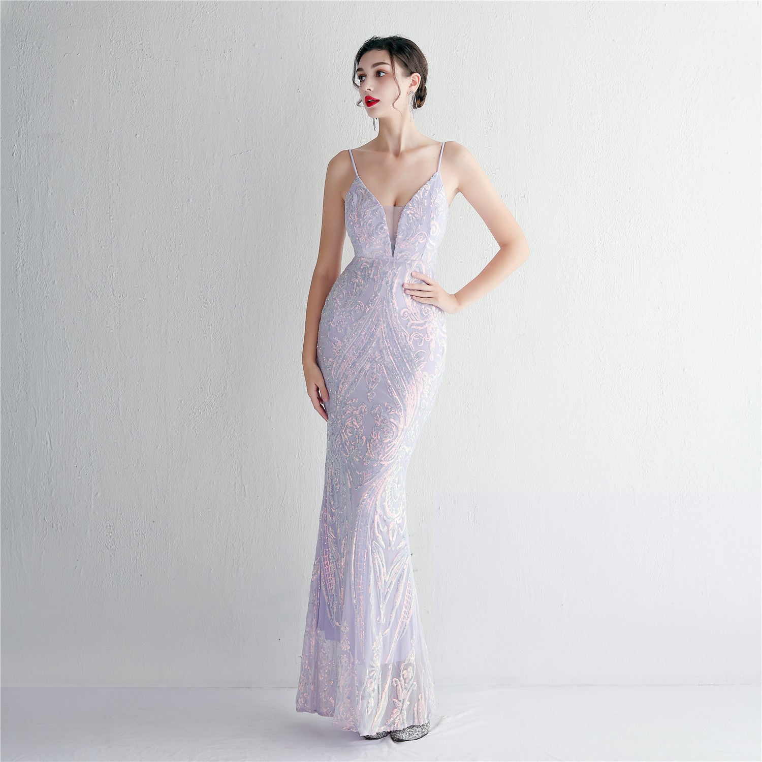 REVCHIC LUXE Elegant V-Neck 3D Floral Sequin Maxi Gown