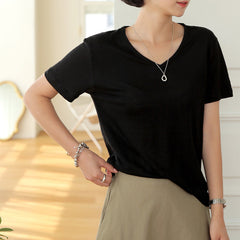 Short Sleeved Cotton Linen Loose T shirt Top