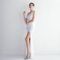 Elegant Sequin Beaded Shoulder Slim Fit Formal Dress