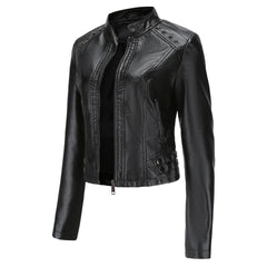 Women Rivets Leather Short Thin Stand Collar Jacket