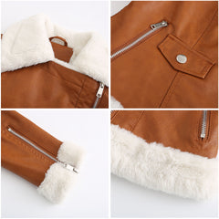 Long Sleeves Turn down Collar Fleece Leather Jacket