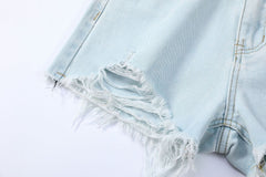 Light Blue Tassel Raw Hem Ripped A line Denim Shorts