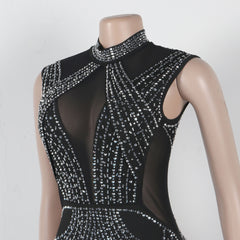 Rhinestone See through Sleeveless Slim Romper