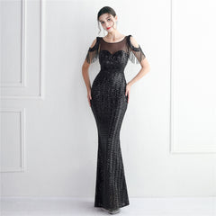 Elegant Beaded Tube Top Short Sleeve Sequined Formal Dress