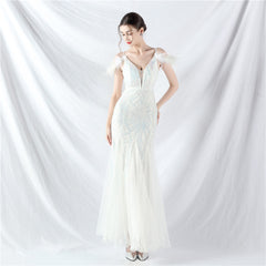 Elegant Ostrich Feather Mesh Sequin Evening Dress