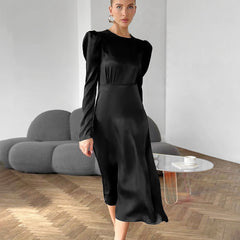 Black Thick Matte Satin Puff Sleeve Dress