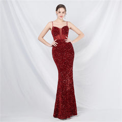 Elegant Boning Corset Mesh Sequin Evening Dress