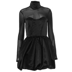 Elegant Charming Black Satin Turtleneck Transparent Sleeve Mini Dress