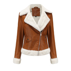 Long Sleeves Turn down Collar Fleece Leather Jacket