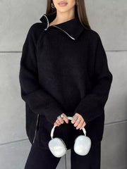 High Collar Zipper Knitted Casual Sweater Two Piece Set