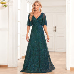 Butterfly See Through Sleeve Sequined V Neck Pleated Evening Dress