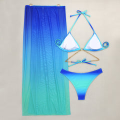 Gradient Mesh Maxi Drawstring Three Piece Swimsuit