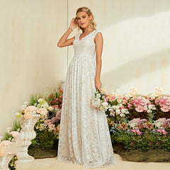 Elegant V neck Slim Fit White A Line Lace Evening Dress