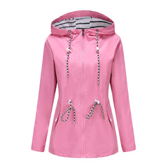 Women Hooded Striped Raincoat Mid Length Trench Coat