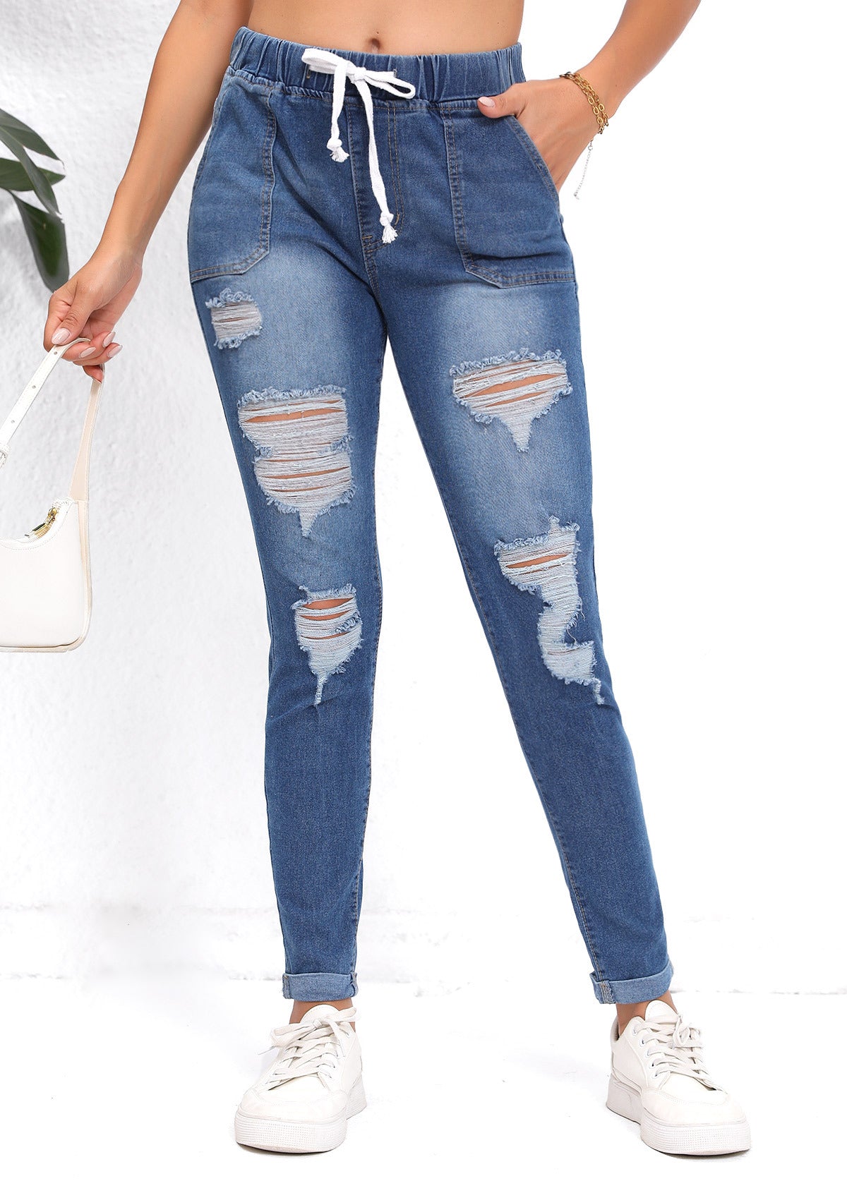 Slim Fit High Waist Hole Denim Jeans