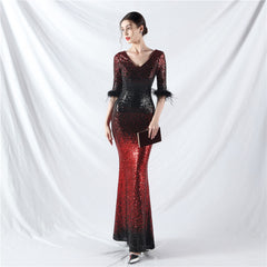 Elegant Feather Gradient Sequin Long Sleeve Evening Dress