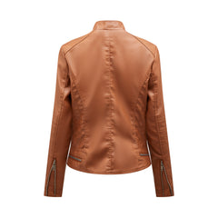 Women Stand Collar Casual Leather Motorcycle Jacket