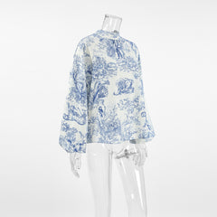 French Loose Lantern Sleeve Tie Neck Printed Top