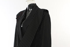 Striped Asymmetric Ribbon Black Long Trench Coat