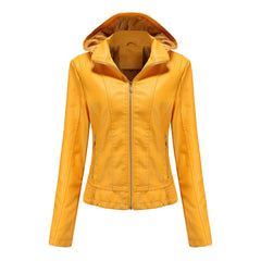 Women's Detachable Hat Hooded Fleece-Lined Leather Jacket