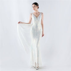 Elegant V-Neck Floral Sequin with Cloak Craft Beading Evening Dress