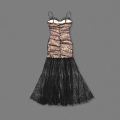 Black Pleated Floral Lace Spaghetti Straps Formal Dress