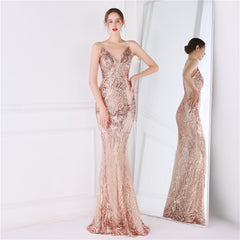 Elegant Sleeveless Sequined V-Neck Formal Evening Dress