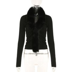 Elegant Fur Collar Stitching Black Sweater Top