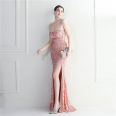 Elegant Velvet Bottom Sequin Halter Evening Dress