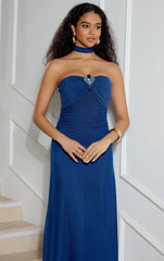 Elegant Mesh Lace Up Blue Slim Fit Party Dress