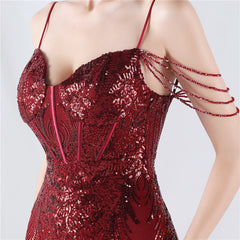 Elegant Boning Corset Floral Sequin Beaded Strap Evening Dress