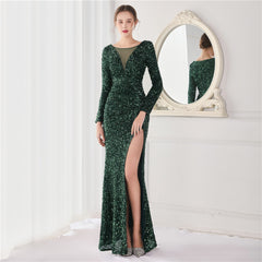 Elegant Long Sleeve Sequined Fishtail Evening Dress