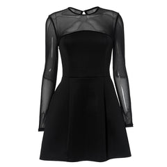 Women Mesh Stitching Black Short Day Dress