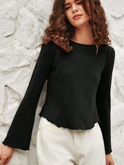 Round Neck Stringy Flare-Sleeve Knitted Top