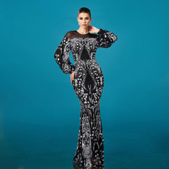 Long Sleeved Round Neck Sequined Sheath Evening Dress