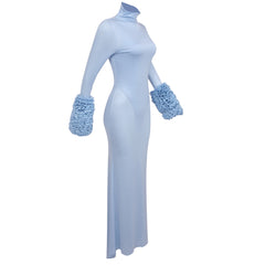 Long Sleeve Light Blue Tencel Mesh Oversleeve Formal Dress