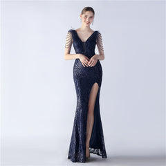 Elegant Feather Beaded Long Sequined Evening Dress