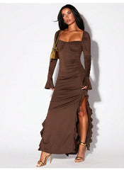 Long Sleeves Pleated Ruffled High Slit Party Dress